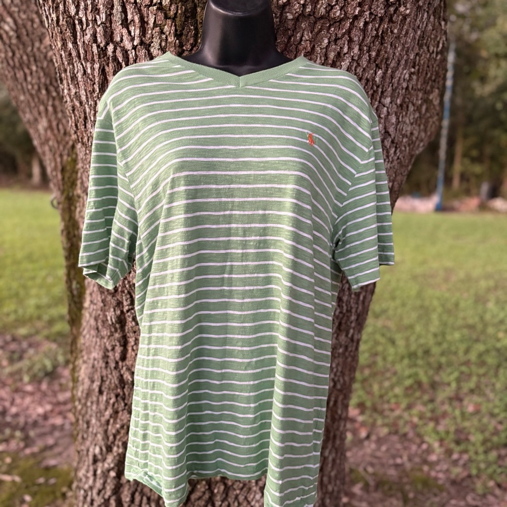 RALPH LAUREN POLO V NECK T SHIRT HEATHERED GREEN WHITE STRIPE ORANGE HORSE LOGO